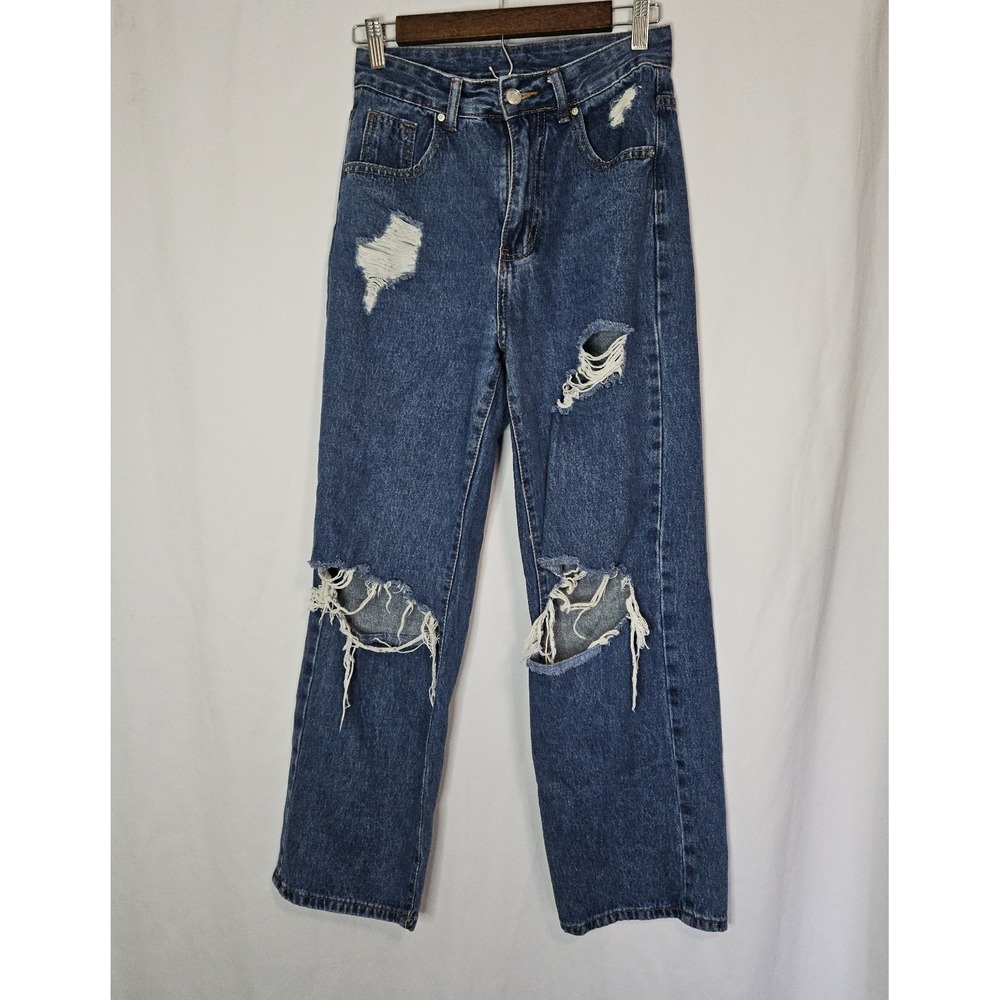 Straight Leg Jeans Womens Small 26 Blue Excellent Distressed Ripped High Waisted